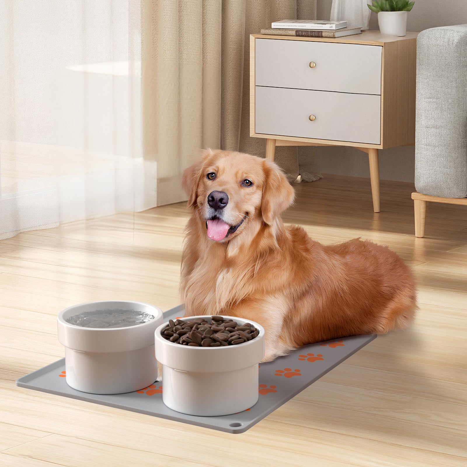 AMENER Elevated Dog Bowls for Medium/Large Dogs with Non-Slip Mat, 3 Height Adjustable Wood Stand Dog Raised Bowl with 2 Ceramic Pet Food Water Bowls(1.5L/50oz*2) (Lightwood)