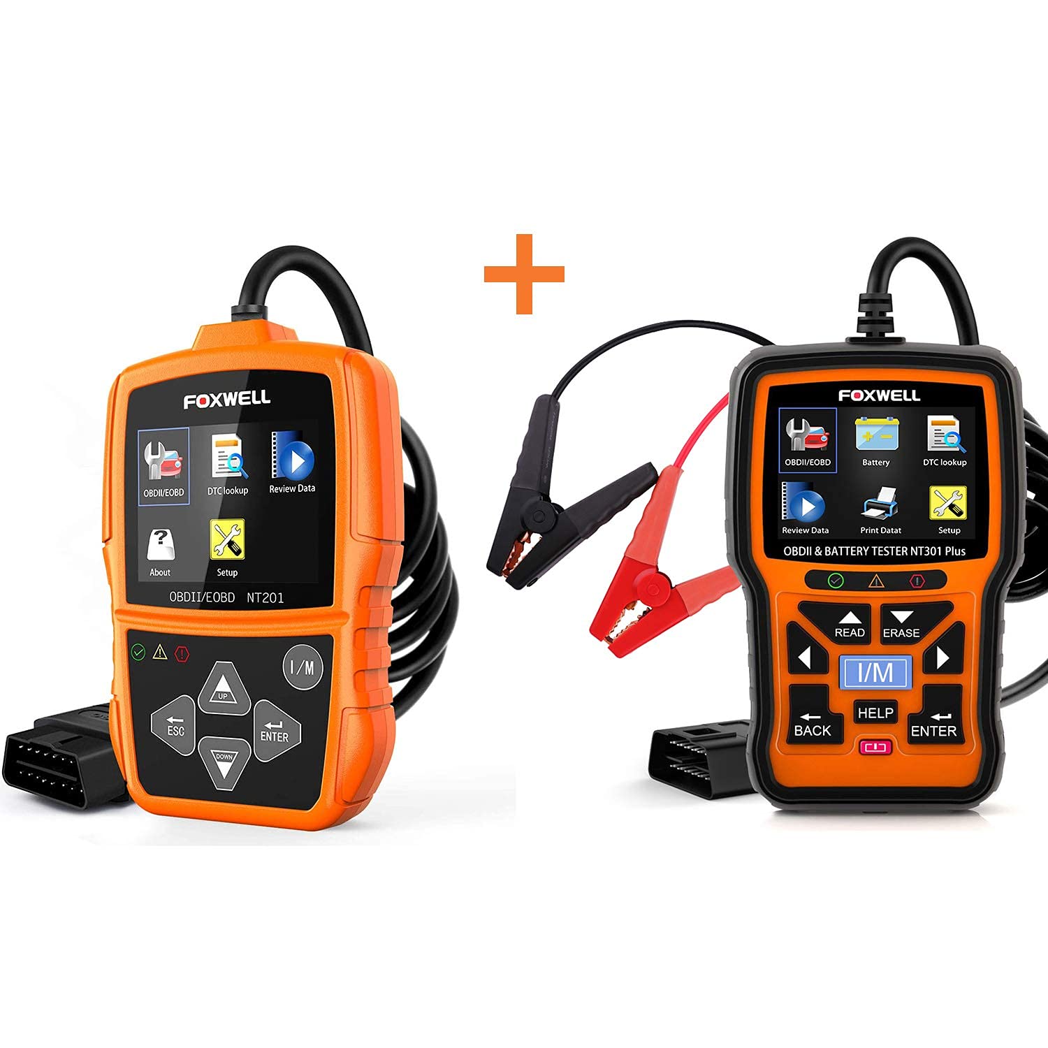 FOXWELL NT201 OBD2 Scanner and FOXWELL NT301 Plus OBD2 Scanner with 12V Battery Tester