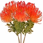 6Pcs Tropical Flowers Orange Fall Artificial Flowers Bouquet Fake Fall Mums | UV Resistant Realistic Protea Spider Mum Floral Arrangement for Table Centerpieces Thanksgiving Farmhouse Outdoor Fall Decor