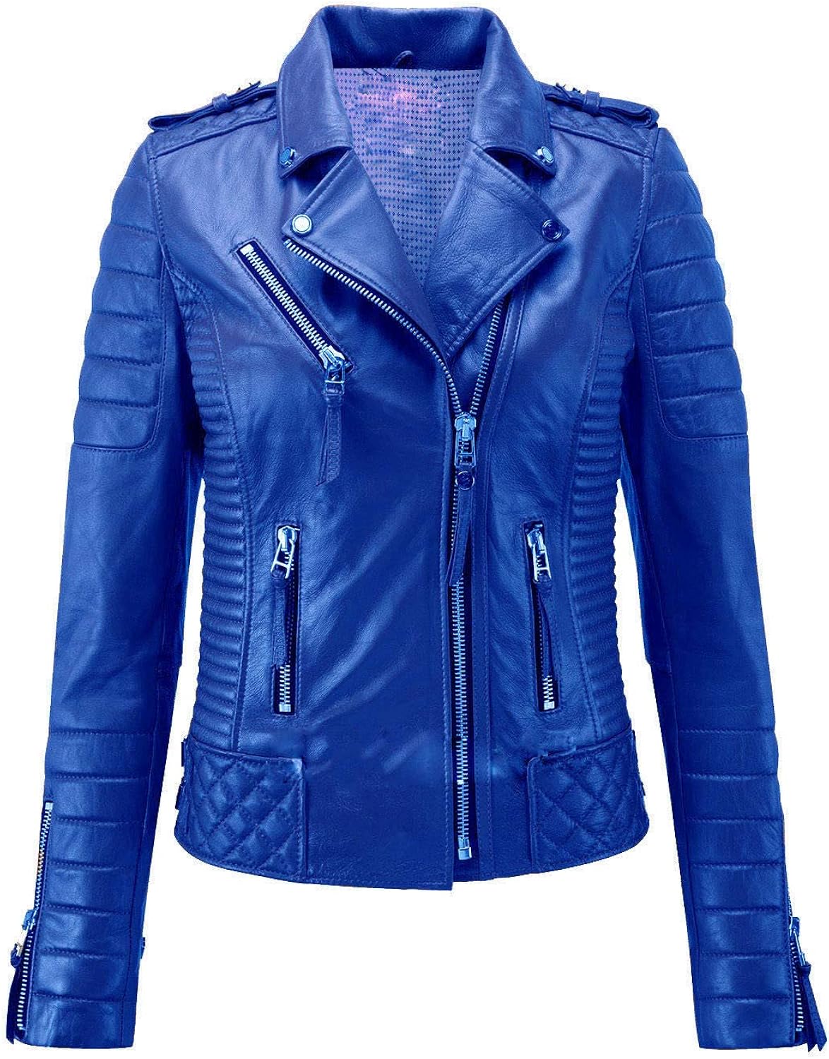 Womens Leather Jacket Bomber Biker Motorcycle Real Lambskin Leather Jacket for Women Blue Jacket