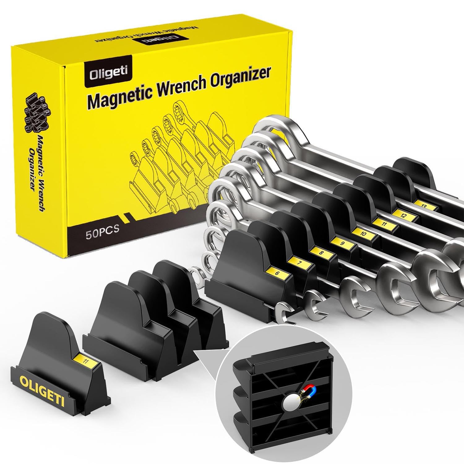 Oligeti 50pcs Magnetic Wrench Organizer Set for Metal Tool Box,Modular Wrench Holder with Metric&SAE Labels