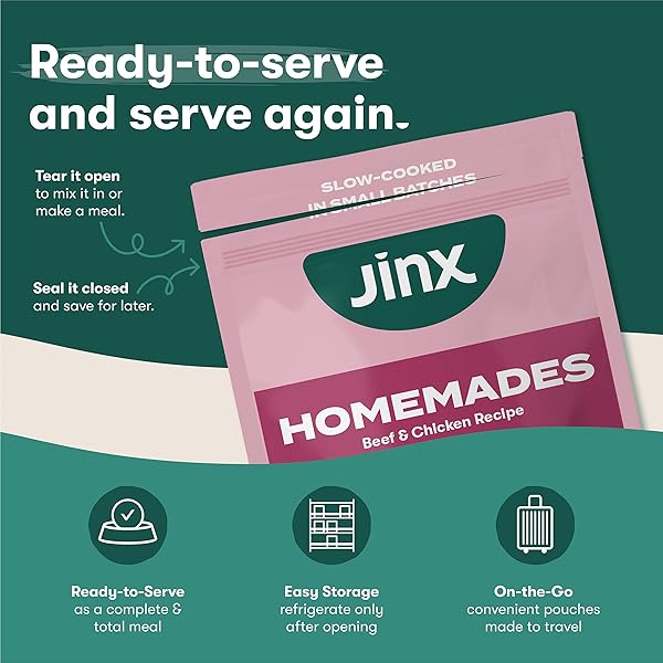JINX BEEF GRAIN FREE WET DOG FOOD POUCHES, MEAL OR DOG FOOD TOPPER MIX-IN, MADE WITH REAL BEEF & CHICKEN, BONE BROTH, NO FILLERS – PUPPY, ADULT, SENIOR, 9OZ, 6 PACK