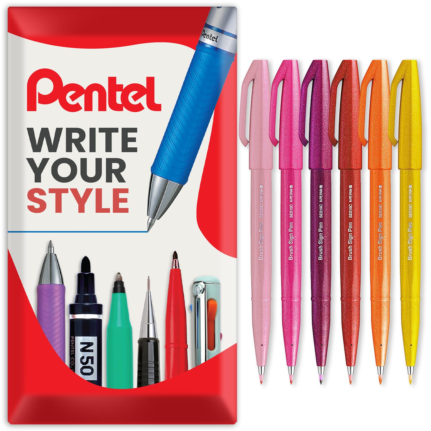 Pentel Brush Sign Pen SES15C - Brush Nib - Fibre Tip - Set of 6 - In Envelope Gift Packaging (Warm Tones)