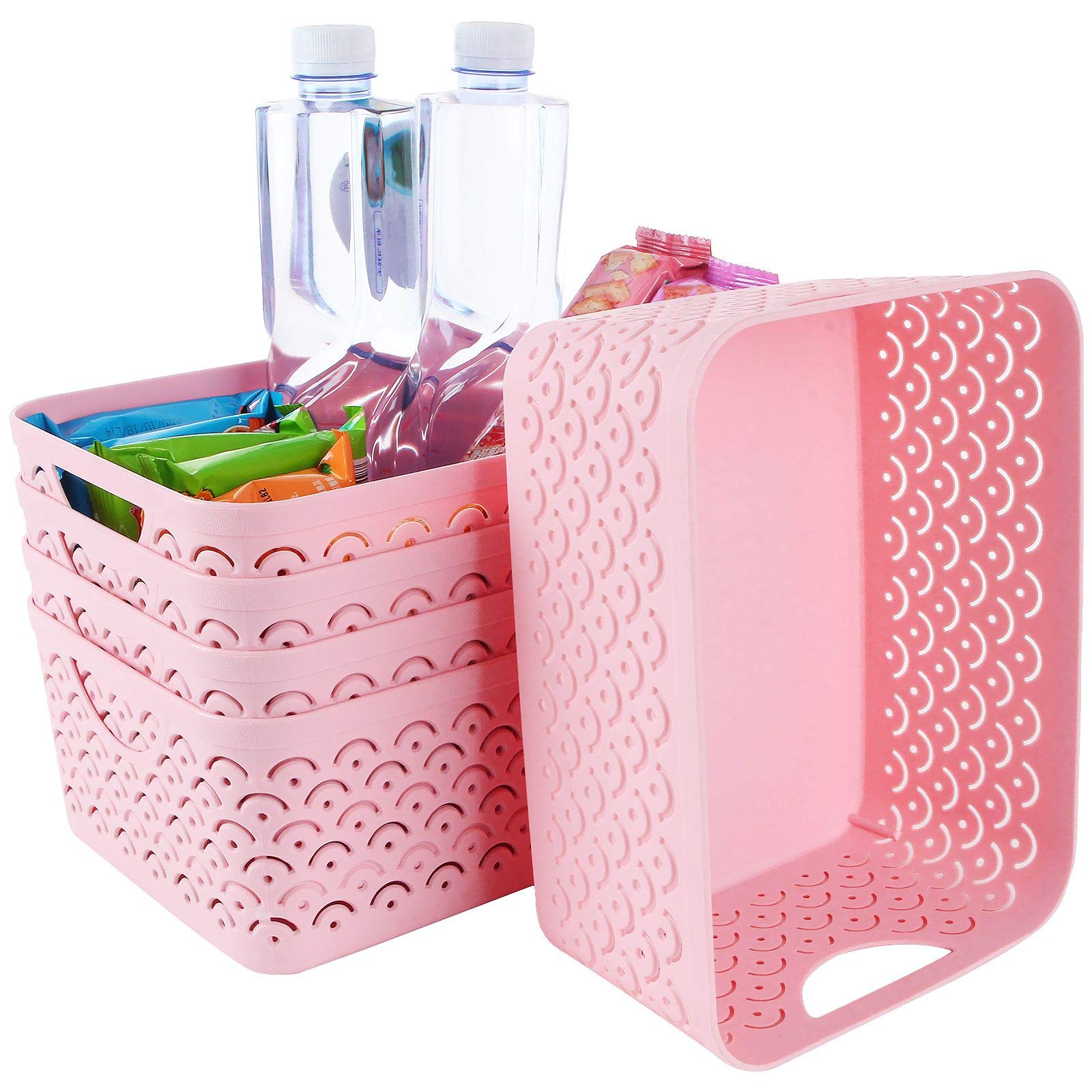 Photo 1 of STARVAST 5 Pack Plastic Storage Baskets, Portable Pink Fish Scale Pattern Hollow Desktop Storage Bin Box with Handle for Kitchen, Bathroom, Kids Room or Nursery Storage – 9.4 x 7.1 x 4.1 inches