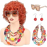 DACHAO Women Curly Orange Red Wig with Sunglasses Necklace and Earrings for Party Cosplay Halloween Costume Wig