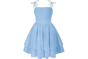 EXARUS Girls Flowy Dress Bow Swing Smocked Tiered Ruffled Teen Summer Ruched Spaghetti Strap Easter Casual Mini Dresses
