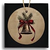 Ebroniah Christmas Bell Bow Coquette Ceramic Ornaments, Retro Vintage Hanging Round Holiday Ornament Decor, Rustic Preppy Winter Gifts Keepsake for Women Girls Car Window Decorations 3in