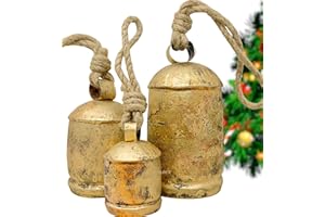 FYNJREX Set of 3 Large Christmas Bells Vintage Rustic Country Cowbells Decor Giant Harmony Metal Reindeer Decorative Hanging Bells for Wreath Ornaments XL Tibetan