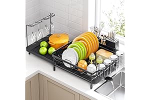 Urackify Large Dish Drying Rack, Expandable Dish Rack with Drain Board, Large Dish Drainer for Kitchen Couter, Dish Dryer Rac