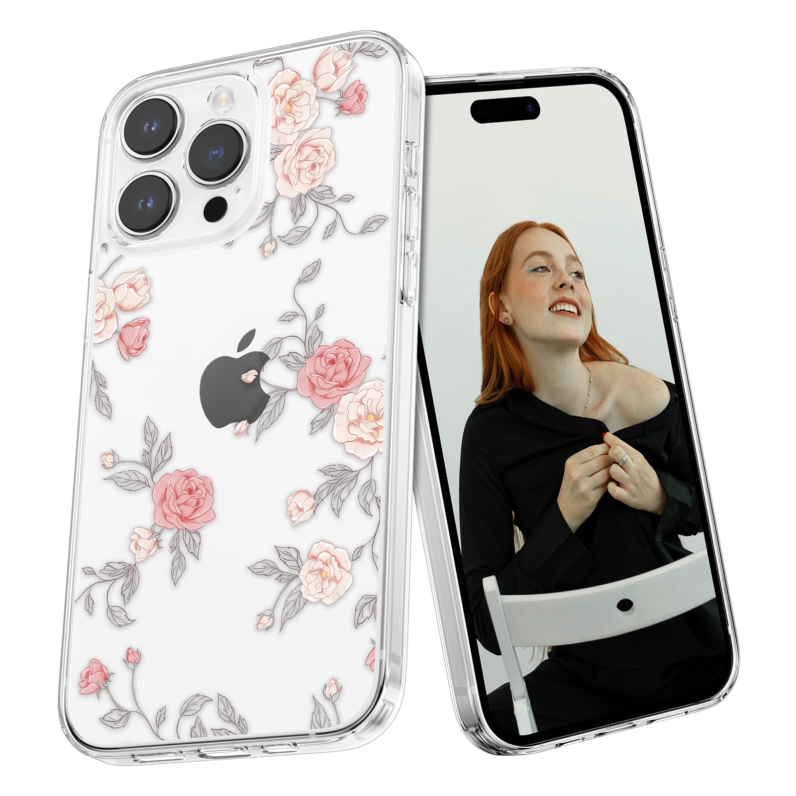 XIZYO Rose Flower Case for iPhone 15 Pro, Cute Clear Rose Floral Pattern Aesthetic Phone Case, for Girls Women Luxury Soft TPU Slim Shockproof Protective Cover, Transparent Pink