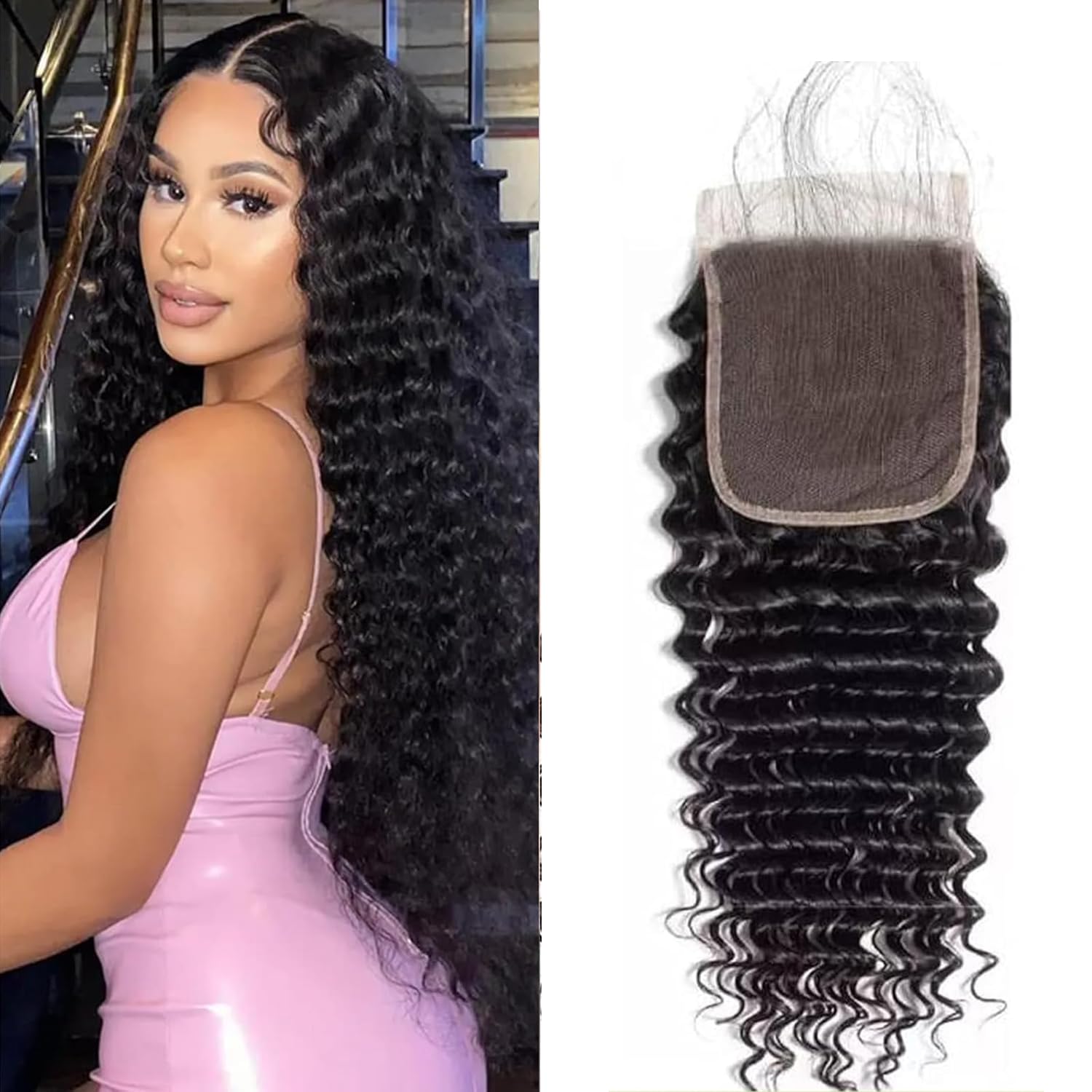 Transparent Lace Closure Deep Wave Human Hair Invisible Ultra-thin 4x4 Lace Closure Brazilian Raw Virgin Human Hair Pre Plucked Natural Black 16 Inch