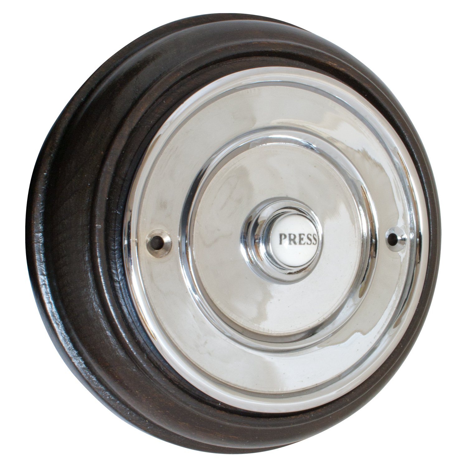 House of Brass Polished Chrome 100mm dia Bell Push with China Press Mounted On Hardwood Plinth