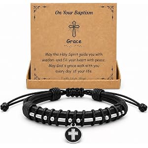 Liangang Morse Code Cross Leather Bracelet for Teen & Men, Inspirational Religious Faith Wristband with Bible Verse Card, Ble
