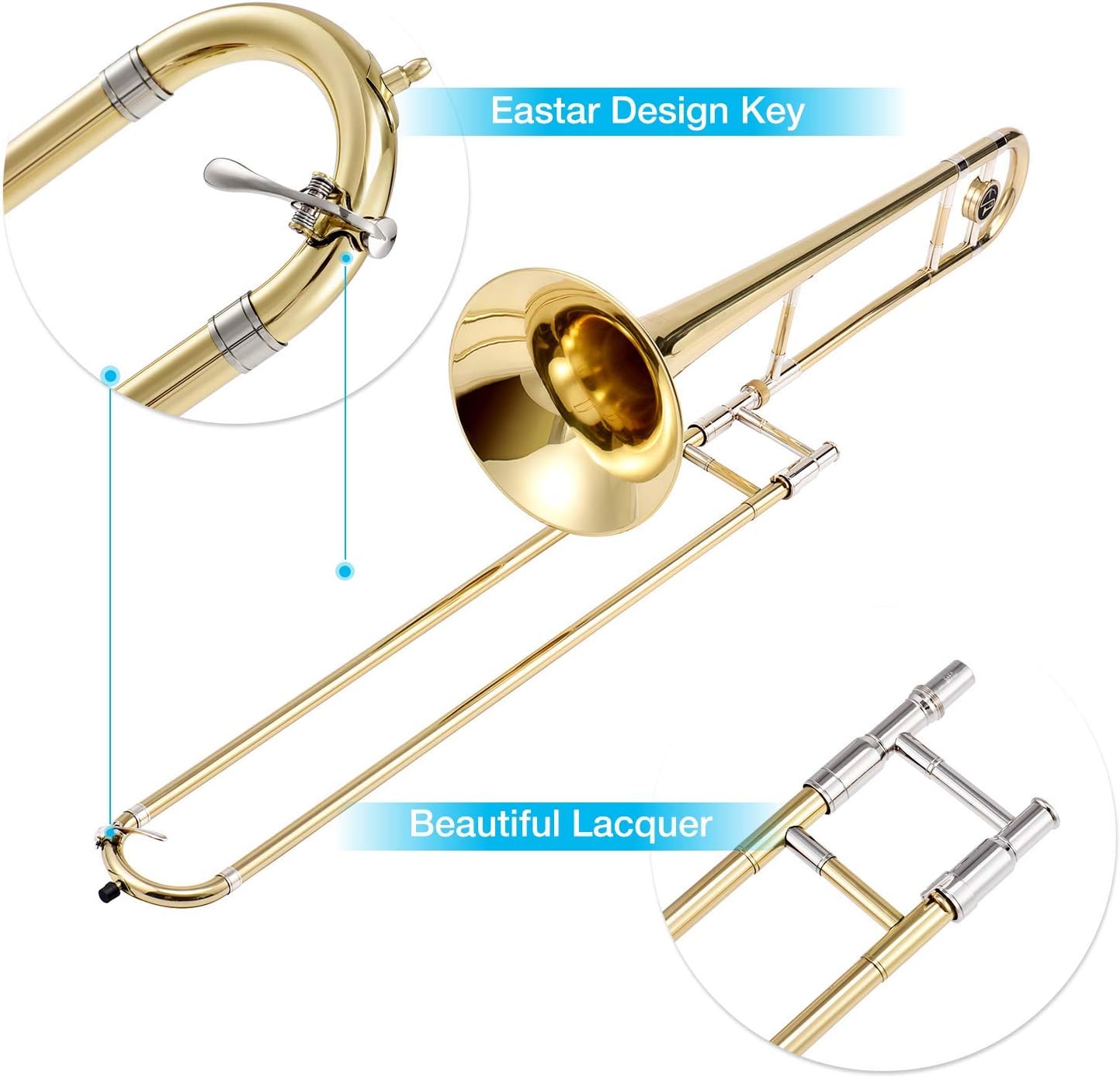 Eastar Bb Tenor Slide Trombone Brass with Hard Case Mouthpiece Cleaning Kit & Care Kit Standard Student Beginner Trombone ETB-330: Musical Instruments