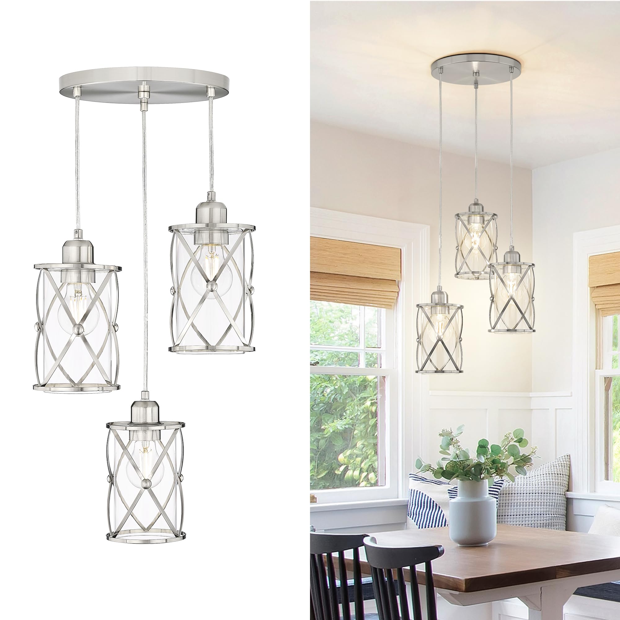 Photo 1 of Osimir Brushed Nickel Dining Room Chandelier Light Fixture, 3-Light Pendant Lighting with Clear Glass, Modern Kitchen Island Cluster Hanging Pendant Lights for Sink, CH9176BN3