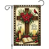 Saoplasa Christmas Garden Flag Jesus Is The Reason for the Season Cross Bible Poinsettia 12x18 Inch Double Sided Outdoor Yard Banner for Religious Christian Nativity Winter Holiday Decoration