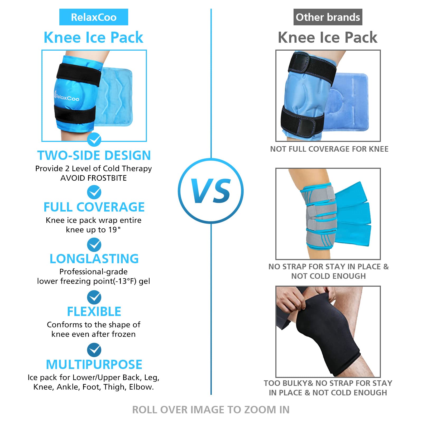 RelaxCoo XXL Knee Ice Pack Wrap, Reusable Cold Pack for Knee Injury Pain and Swelling Relief