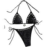 WDIRARA Women's 2 Piece Bikini Set Grommet Eyelet Halter Triangle String Swimsuit Tie Side Bathing Suit