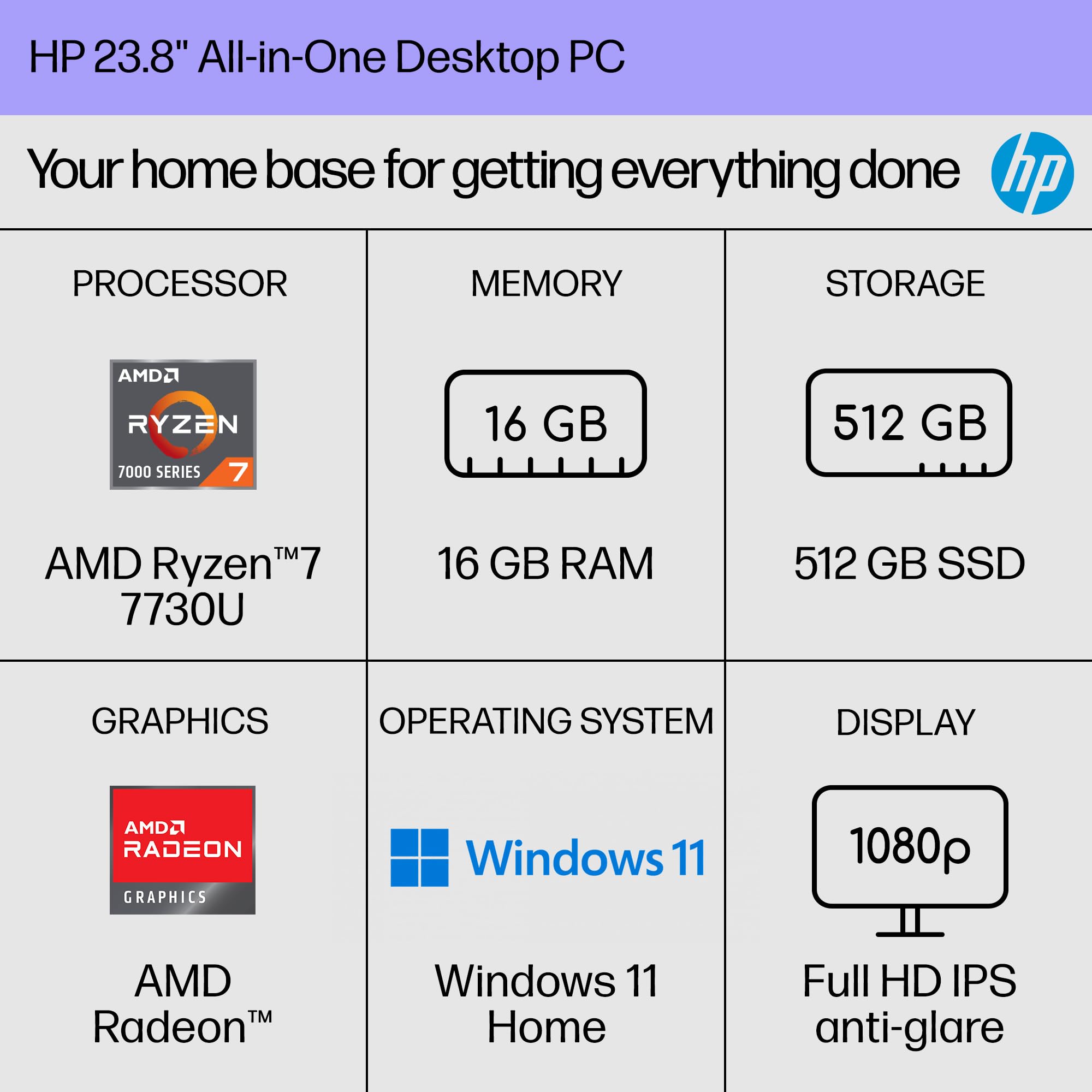 HP 24 inch All-in-One Desktop PC, FHD Display, AMD Ryzen 7 7730U, 16 GB RAM, 512 GB SSD, AMD Radeon Graphics, Windows 11 Home, 24-cr0032 (2024)