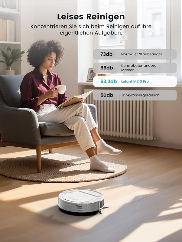 M210 Staubsaugerroboter, 2200 Pa, leistungsstark und leise, ultradünn 7,8 cm, WiFi/App/Alexa, Autonomie 120 Min, Teppichverstärkung, ideal für Tierhaare, Teppiche und Harte Böden