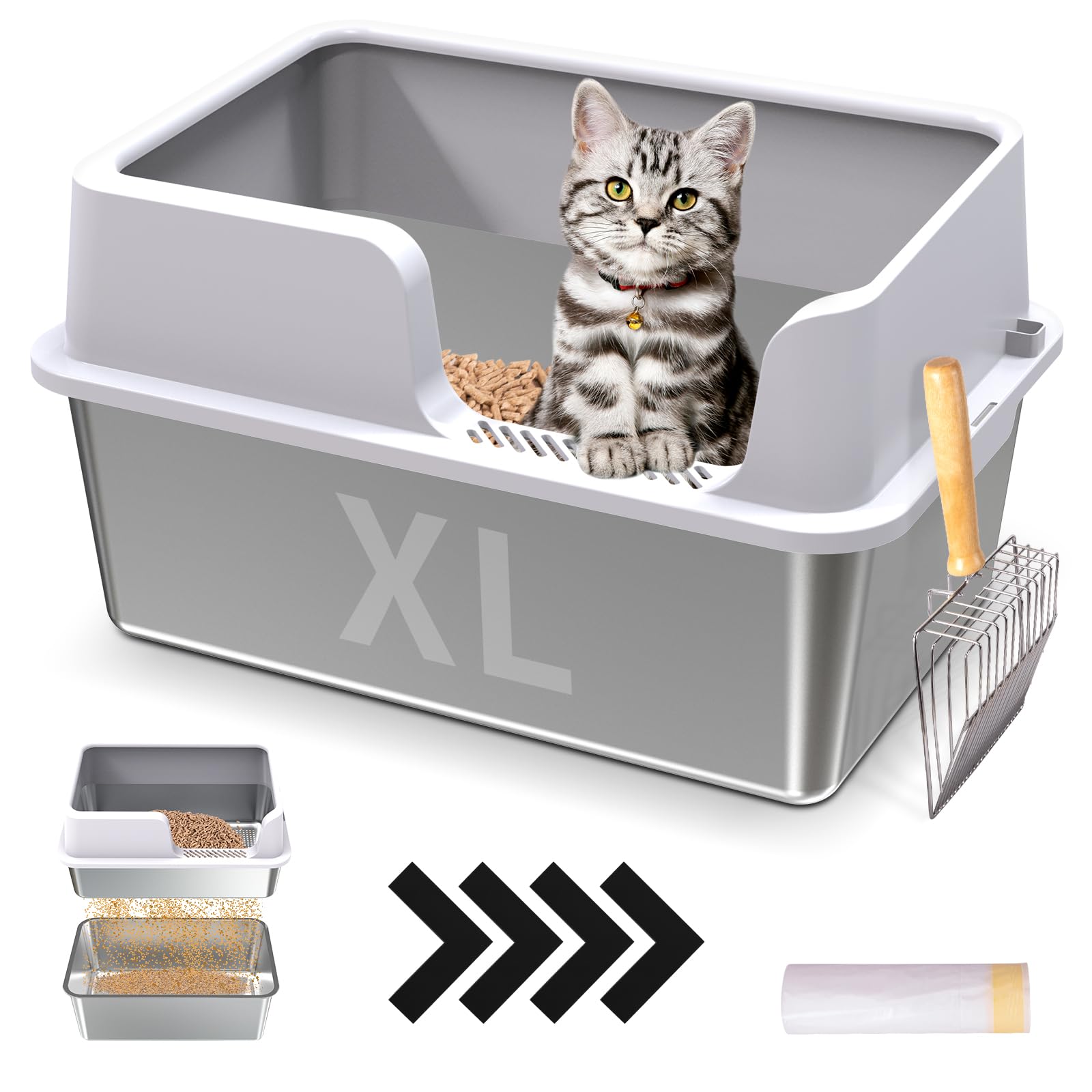 Photo 1 of XL Stainless Steel Sifting Cat Litter Box with Sifting Box & Bottom Pan, Sifting Cat Litter Pan High Side, No Mess, Nnti-Odor, Easy to Clean, Metal Cat Litter Box with 1 Metal Scooper & 10 Liners