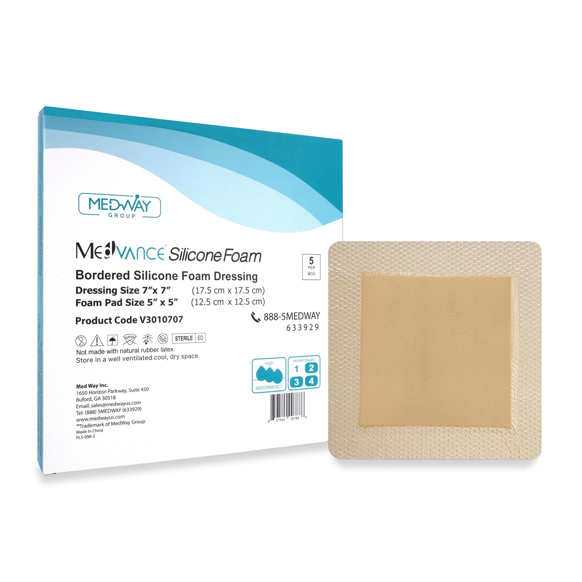 MedVance TM Silicone - Bordered Silicone Adhesive Foam Dressing Size 7"x7" (5"x5" pad), Box of 5 dressings