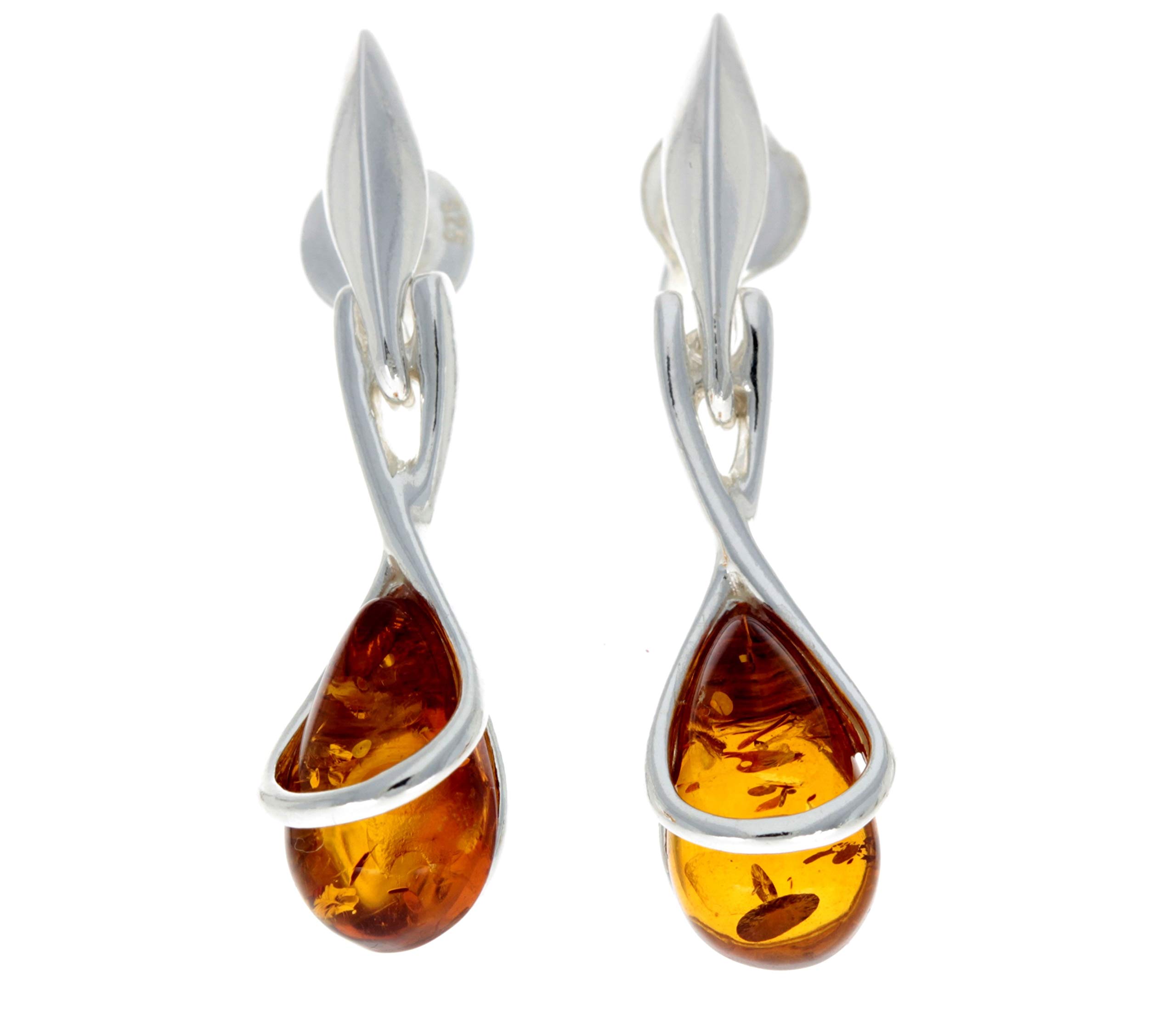 Modern Cognac Genuine Natural Baltic Amber and 925 Sterling Silver Drop Studs Earrings GL151C