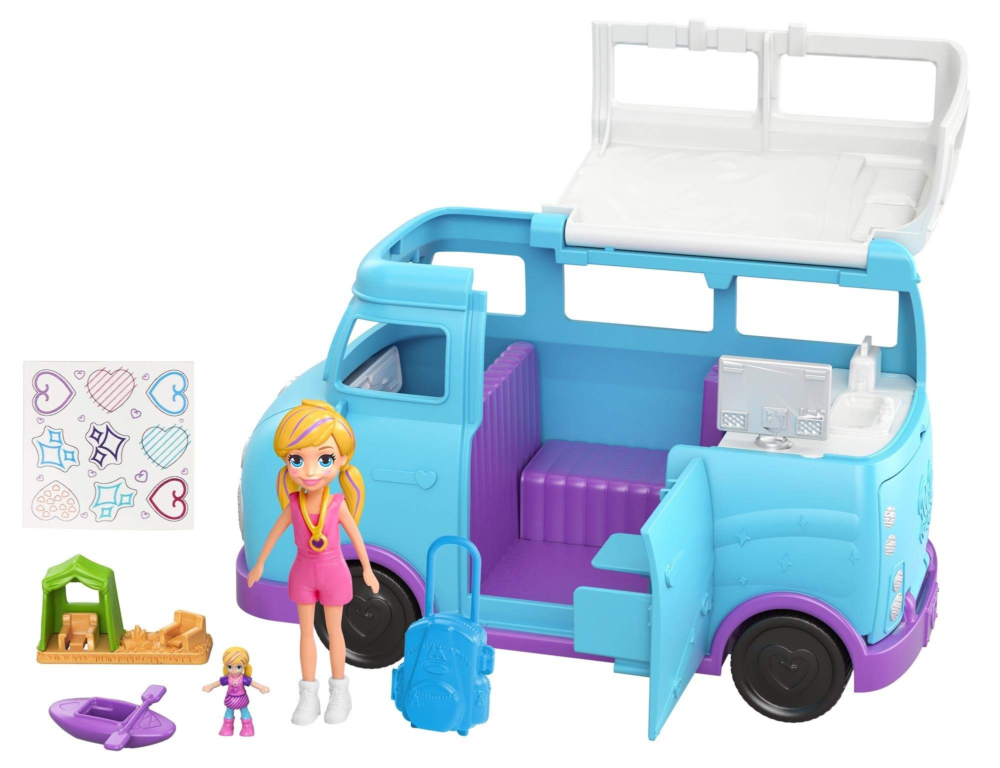 Polly Pocket Glamping Van with Dual Scale Camping Theme, Two Dolls and Accessories