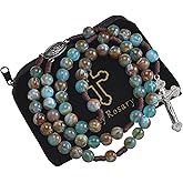 SALOMOCA 10mm Brown Beads Catholic Rosary Handmade Braided Rosaries with Curcifix Cross and Holy Mary Medal Amulet Rosary Beads Necklace for Women Men