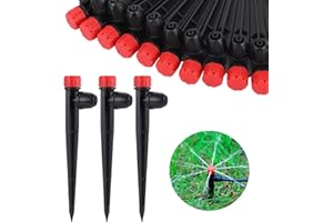 FULAIERGD Drip Irrigation Emitters Adjustable 360 Degree Drip Emitters on 5" with Stake for 1/4" Drip Irrigation Tubing Irrigation Drippers for Garden Watering System. (50pcs-Red Drip)