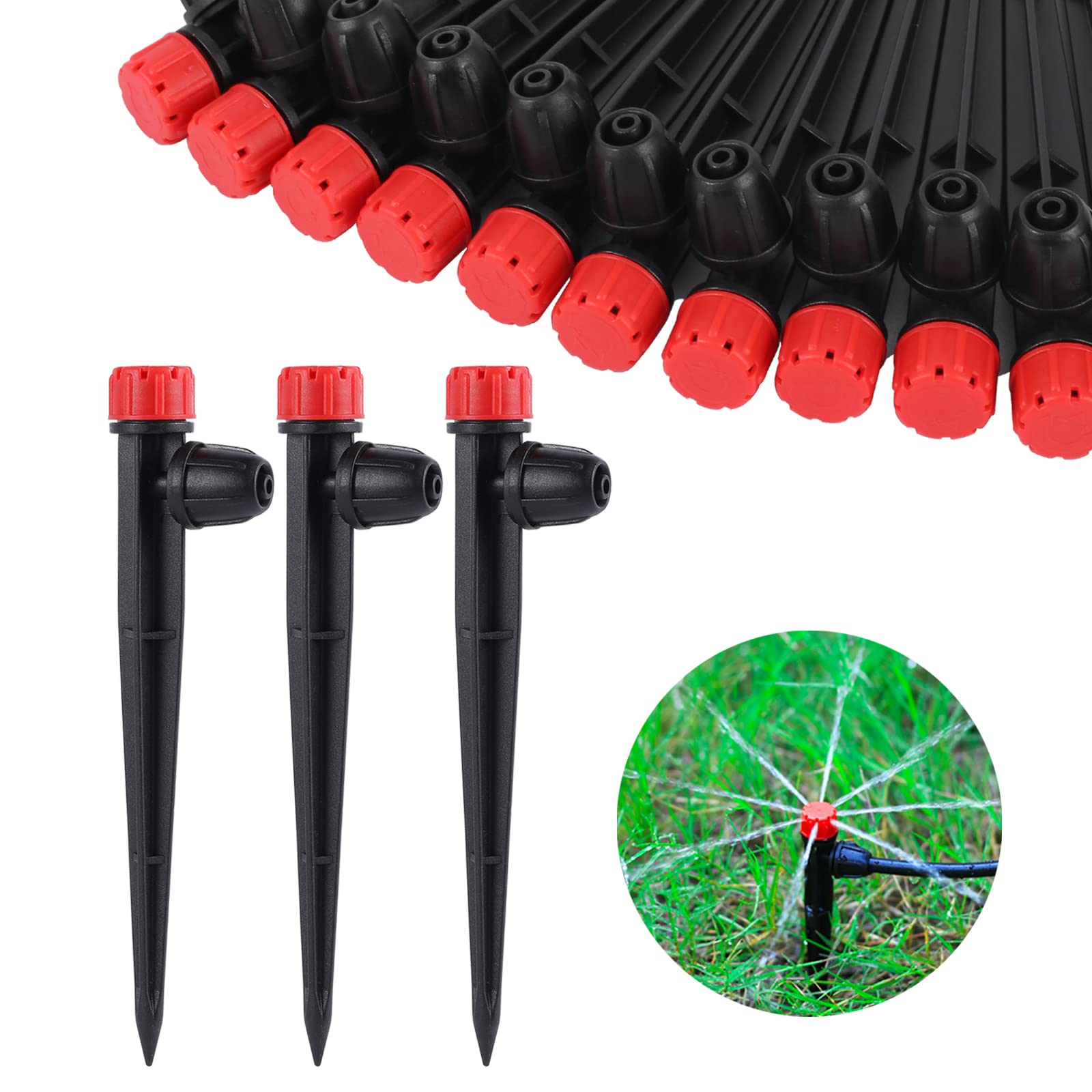 Drip Irrigation Spotlight, Adjustable 360 Degree Drip Emitter to 5 Inch with Stake for 1/4 Inch Drip Irrigation Hoses, Irrigation Dripper for Garden Watering System (50 Pieces, Red Drip)