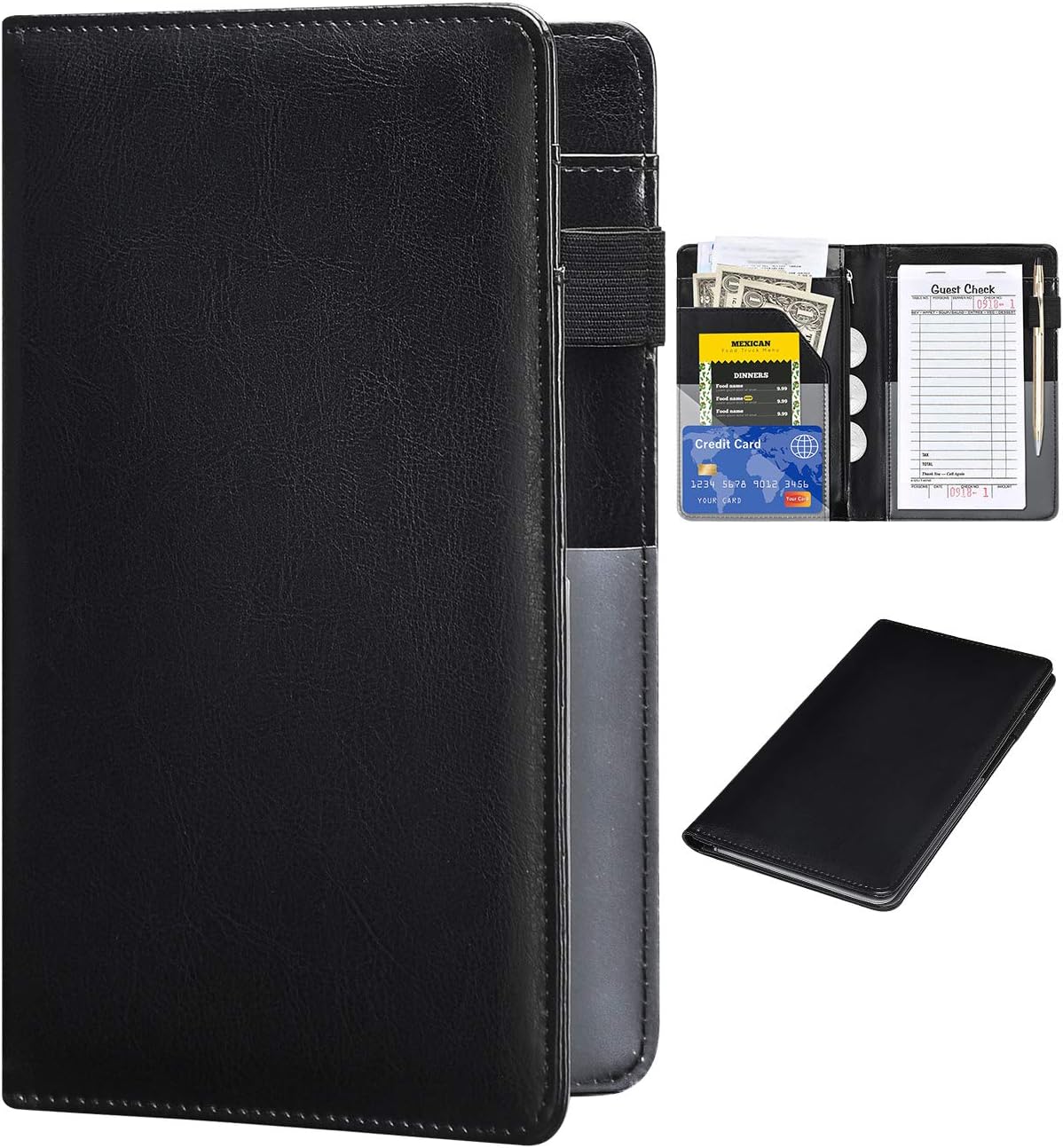 Server Books for Waitress - R64 Leather Waiter Book Server Wallet with Zipper Pocket, Cute Bling Waitress Book&Waitstaff Organizer with Money Pocket Pen Holder Fit Server Apron