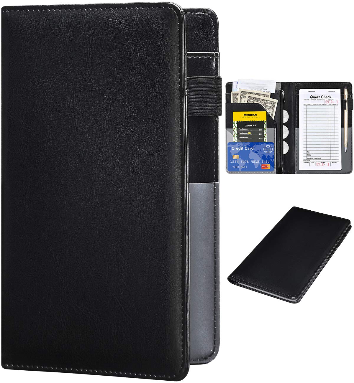 Server Books for Waitress - R64 Leather Waiter Book Server Wallet with Zipper Pocket, Cute Bling Waitress Book&Waitstaff Organizer with Money Pocket Pen Holder Fit Server Apron