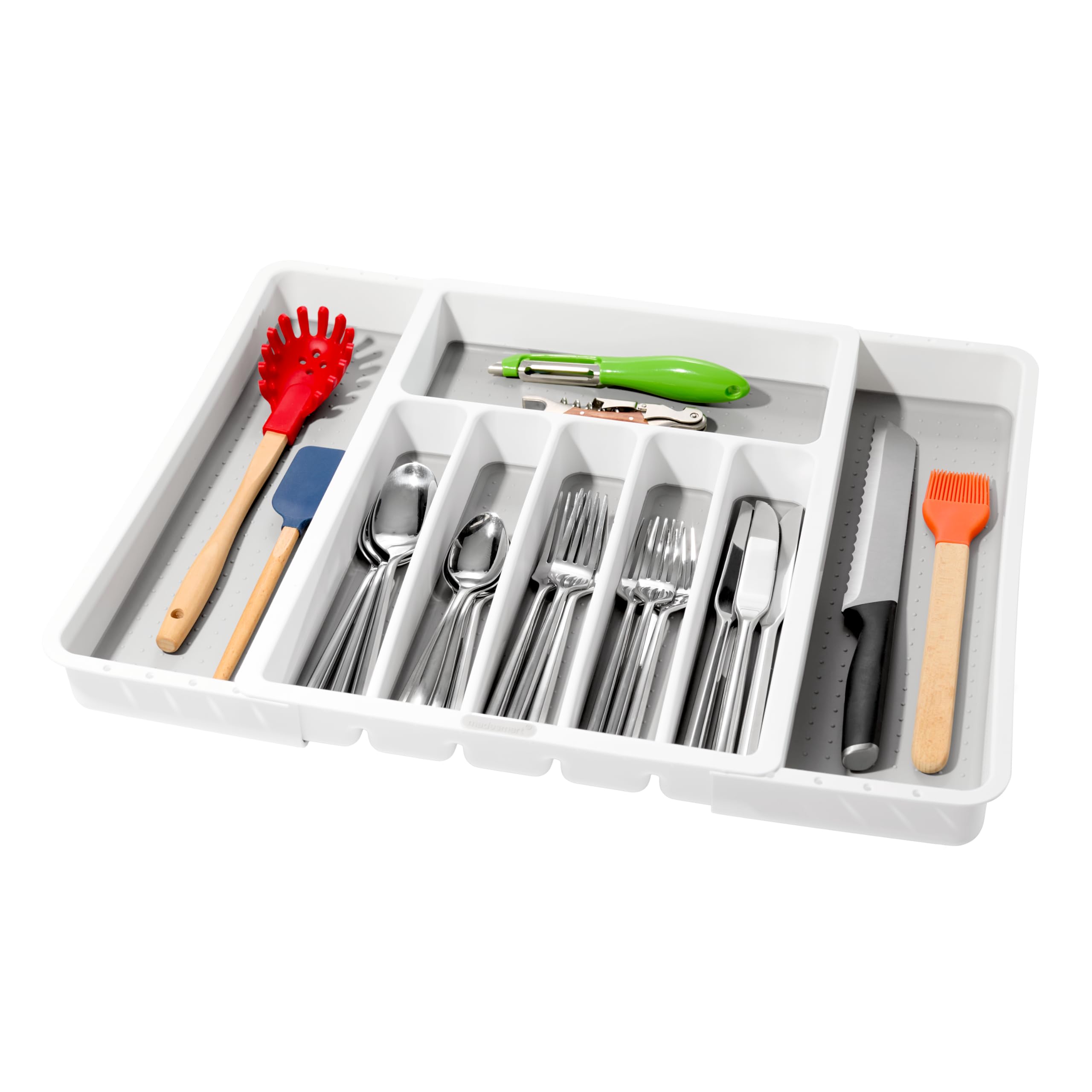 madesmart Expandable Silverware Tray-White | Classic Collection | 8-Compartments | Icons to Help sort Flatware, Cutlery, Utensils | Soft-Grip Lining | BPA-Free