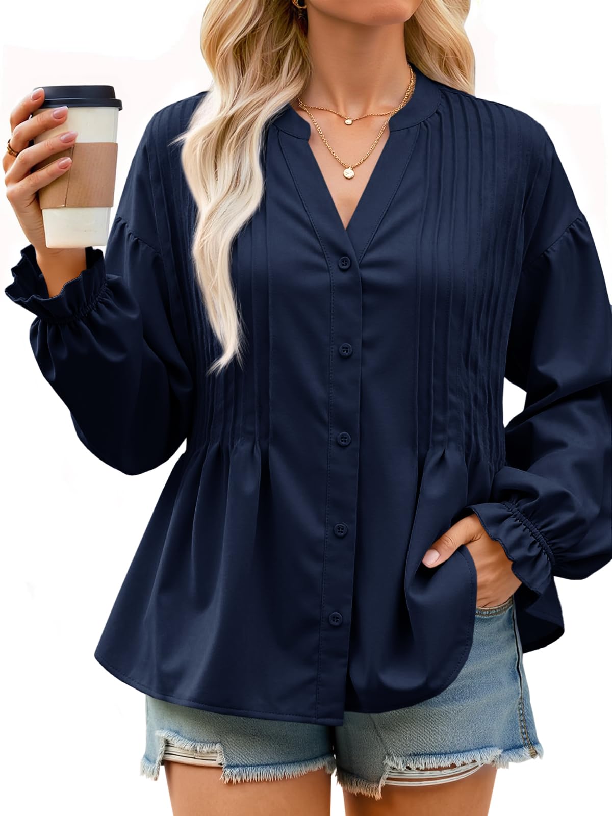 Cicy Bell Womens Pleated Button Down Shirts V Neck Puff Long Sleeve Peplum Tops Dressy Casual Loose Fit Cute Blouse Navy