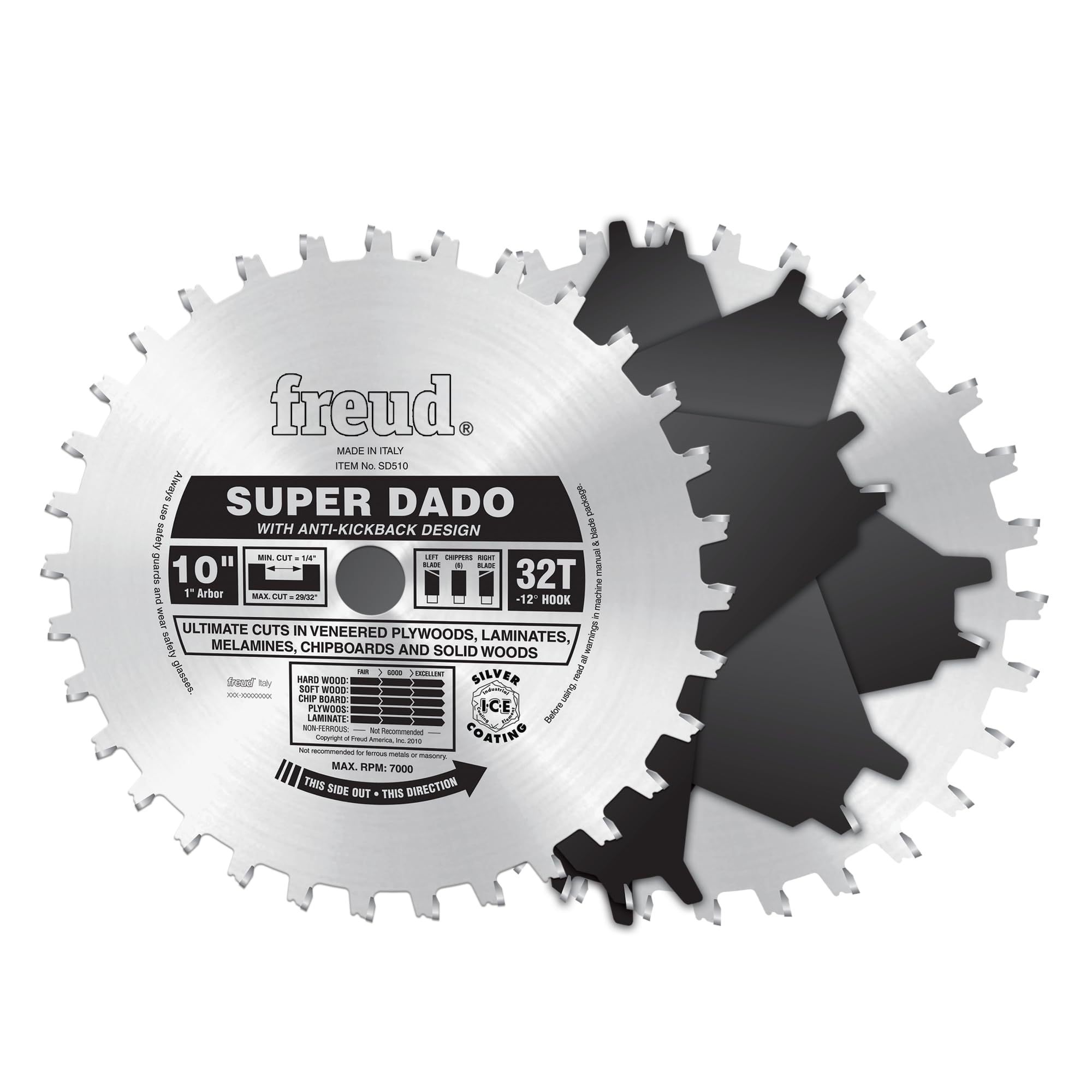 Freud Juego Super Dado de 10 con carburo Tico de alta densidad para ranuras de fondo plano - Incluye 2 cuchillas, 6 astilladoras, juego de cuñas y estuche de transporte - SD510