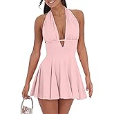BEAGIMEG Women's Sexy Bodycon Sleeveless Halter Tie up Back Backless Deep V A-line Club Party Mini Dress