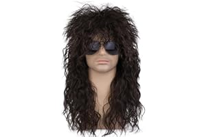 JIEFULL 70s 80s Rocker Wigs for Men and Women, Rockstar Wig Long Curly Mullet Wigs for Halloween Rock Star Punk Cosplay Costume Party Accessory(Brown)