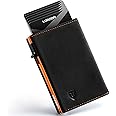 LORZOR Wallet for Men with Metal Card Holder, Pop Up Wallet, Finest Full Grain Leather Trifold Wallet, Smart, Minimalist, RFID Blocking, Front Pocket, ID Window, Black/Orange