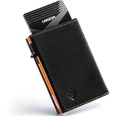LORZOR Wallet for Men with Metal Card Holder, Pop Up Wallet, Finest Full Grain Leather Trifold Wallet, Smart, Minimalist, RFID Blocking, Front Pocket, ID Window, Black/Orange