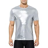 Arjen Kroos Men's Sexy Shiny Metallic T-Shirts Short Sleeve Sparkly Shirts Disco Holographic Tops