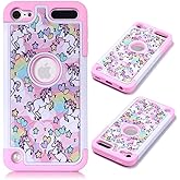 CaseTown Compatible with iPod Touch 6,7th, iPod 7th Case, Rainbow Unicorn Pattern Shockproof Studded Rhinestone Crystal Bling