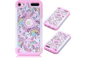 CASE TOWN CaseTown Compatible with iPod Touch 6,7th, iPod 7th Case, Rainbow Unicorn Pattern Shockproof Studded Rhinestone Crystal Bling Hybrid Case Silicone Protective Armor for iPod Touch 6 7th Generation