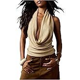 Floerns Women's Cowl Neck Shiny Halter Tops Sleeveless Knit Open Back Fall Outfit Pullover Sweaters