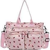 Strawberry Print Tote Bag with Multi Pockets, Cute Corduroy Shoulder Bag for Women, Hobo Crossbody Purse for Work Travel Shopping (Pink)