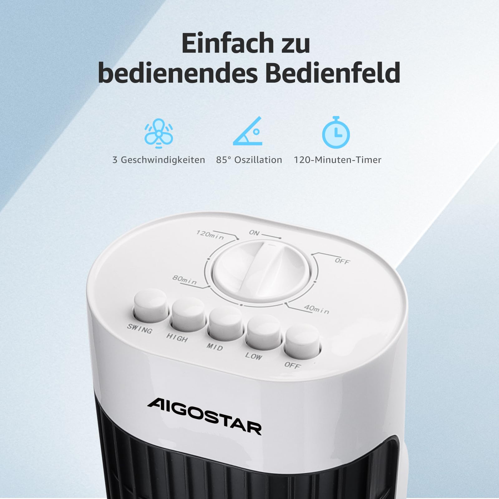 Aigostar Leise Turmventilator, 85° Oszillation, Energiesparender Säulenventilator mit Timer, bis 103.6m/min Tower Ventilator, 3 Geschwindigkeiten, 45W Tower Fan, Standventilator 76cm für Schlafzimmer 3
