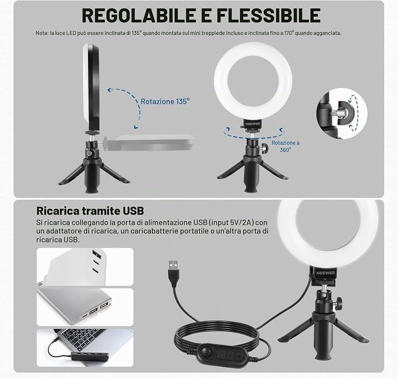 BASICS Ring Light 5" per Video Conferenza, Kit Luce a Clip con Treppiede Tavolo (2pz) per Monitor Laptop Computer Chiamate Zoom Streaming Live Lavoro a Distanza Studio Registrazione Video, BR60