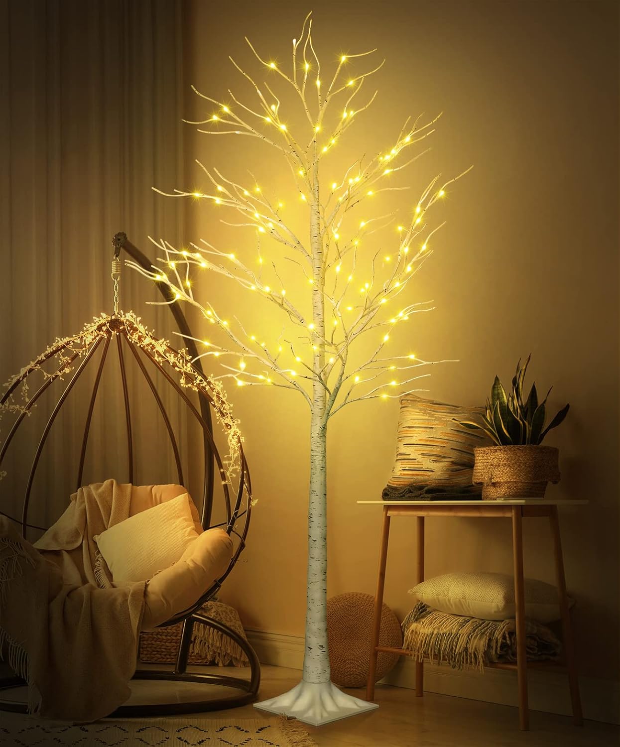 Trees - CUJGT Lighted Tree, 6 Ft 128 Led Birch Tree with Fairy Lights for Decoration Inside Outside, Birch Tree with Led Lights for Christmas Halloween Holiday Wedding Home Room Decor