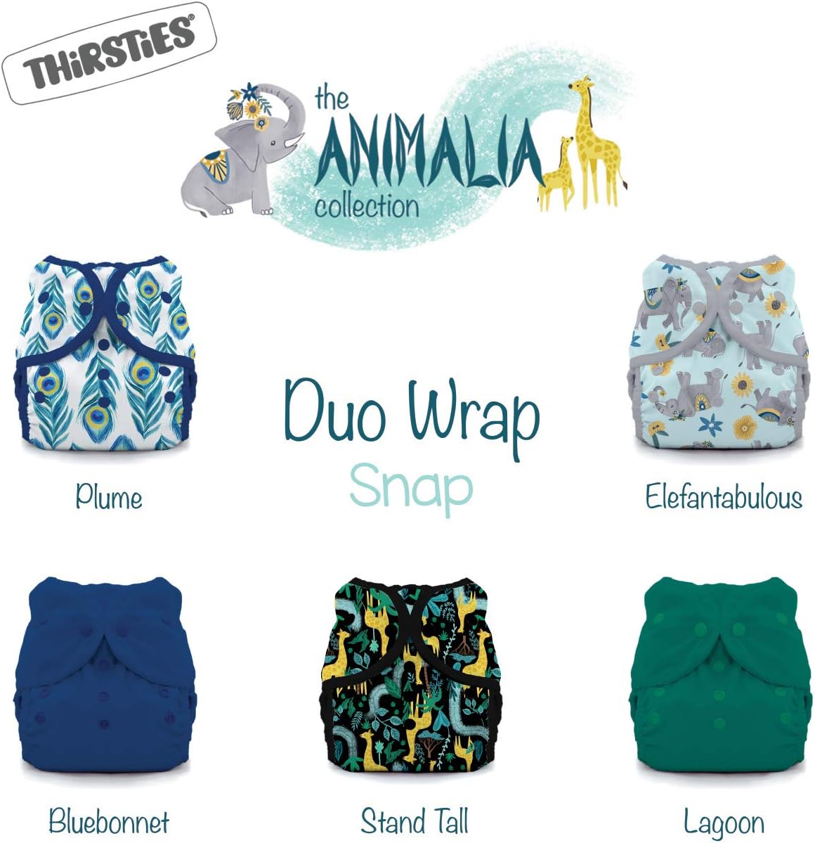 Thirsties Animalia Cloth Diaper Collection Package, Snap Duo Wrap Cloth Diaper Cover, Animalia Size 1