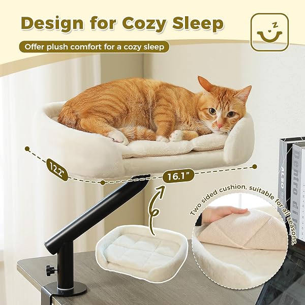 PAWZ ROAD CAT DESK BED FOR INDOOR CATS, CAT BED FOR DESK SUPPORTS UP TO 50 LBS, 360° ROTATION & ADJUSTABLE, NEST DESKTOP ATTACHMENT CATS HAMMOCK FOR TABLE, WHITE